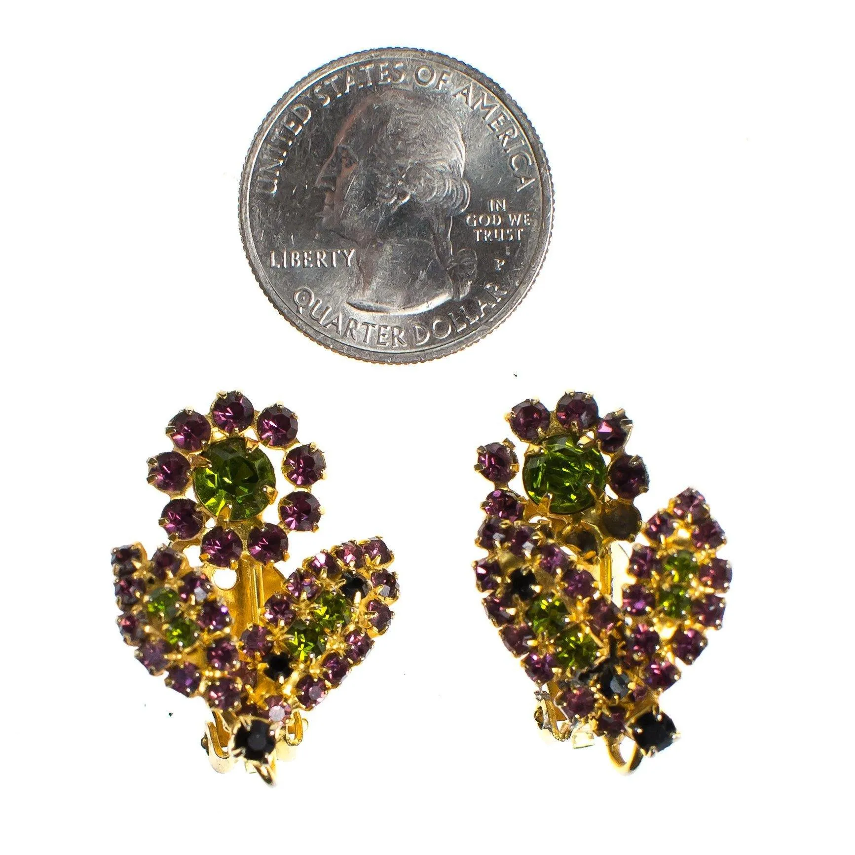 Vintage Purple and Green Rhinestone Flower Earrings, Clip On