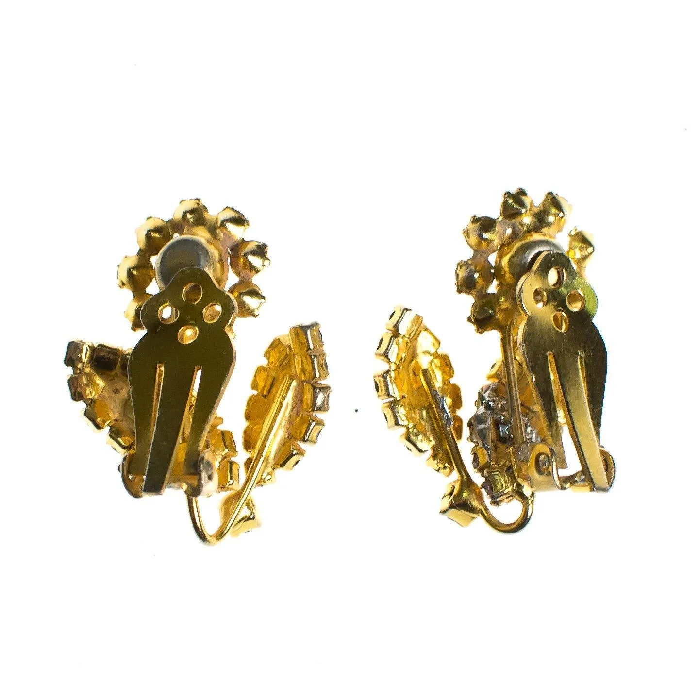 Vintage Purple and Green Rhinestone Flower Earrings, Clip On