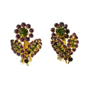 Vintage Purple and Green Rhinestone Flower Earrings, Clip On