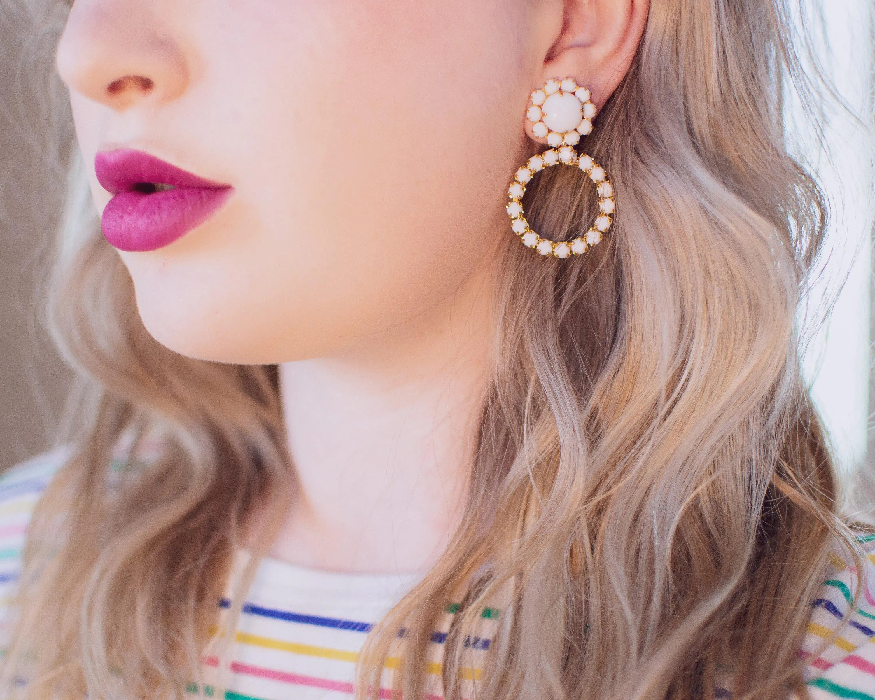Vintage Retro Milk Glass Doorknocker Statement Earrings