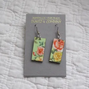 Vintage Rose Print Dangle Earrings, Fair Trade