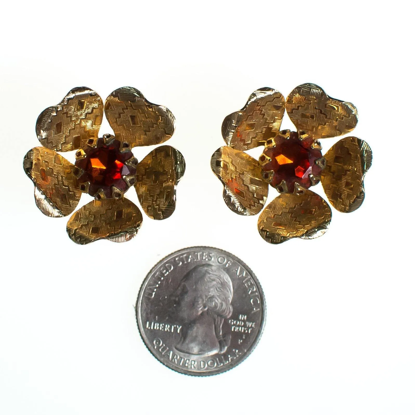 Vintage Sarah Coventry Flower Earrings, Amber Brown Rhinestone Center, Gold Tone Setting, Clip-on Earrings