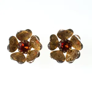 Vintage Sarah Coventry Flower Earrings, Amber Brown Rhinestone Center, Gold Tone Setting, Clip-on Earrings