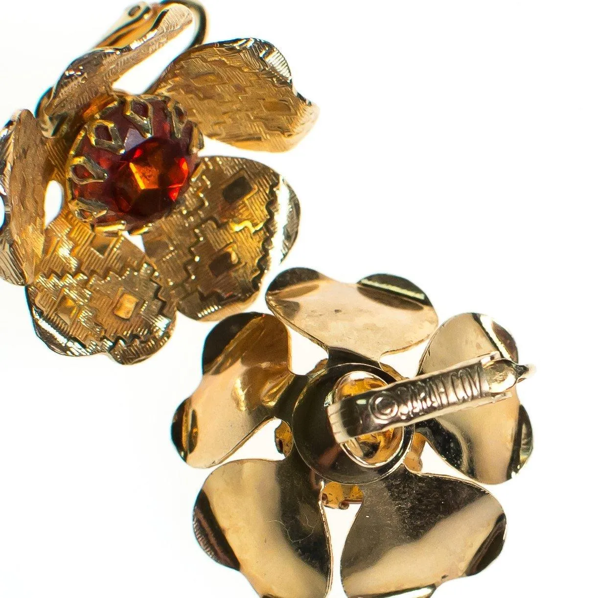 Vintage Sarah Coventry Flower Earrings, Amber Brown Rhinestone Center, Gold Tone Setting, Clip-on Earrings
