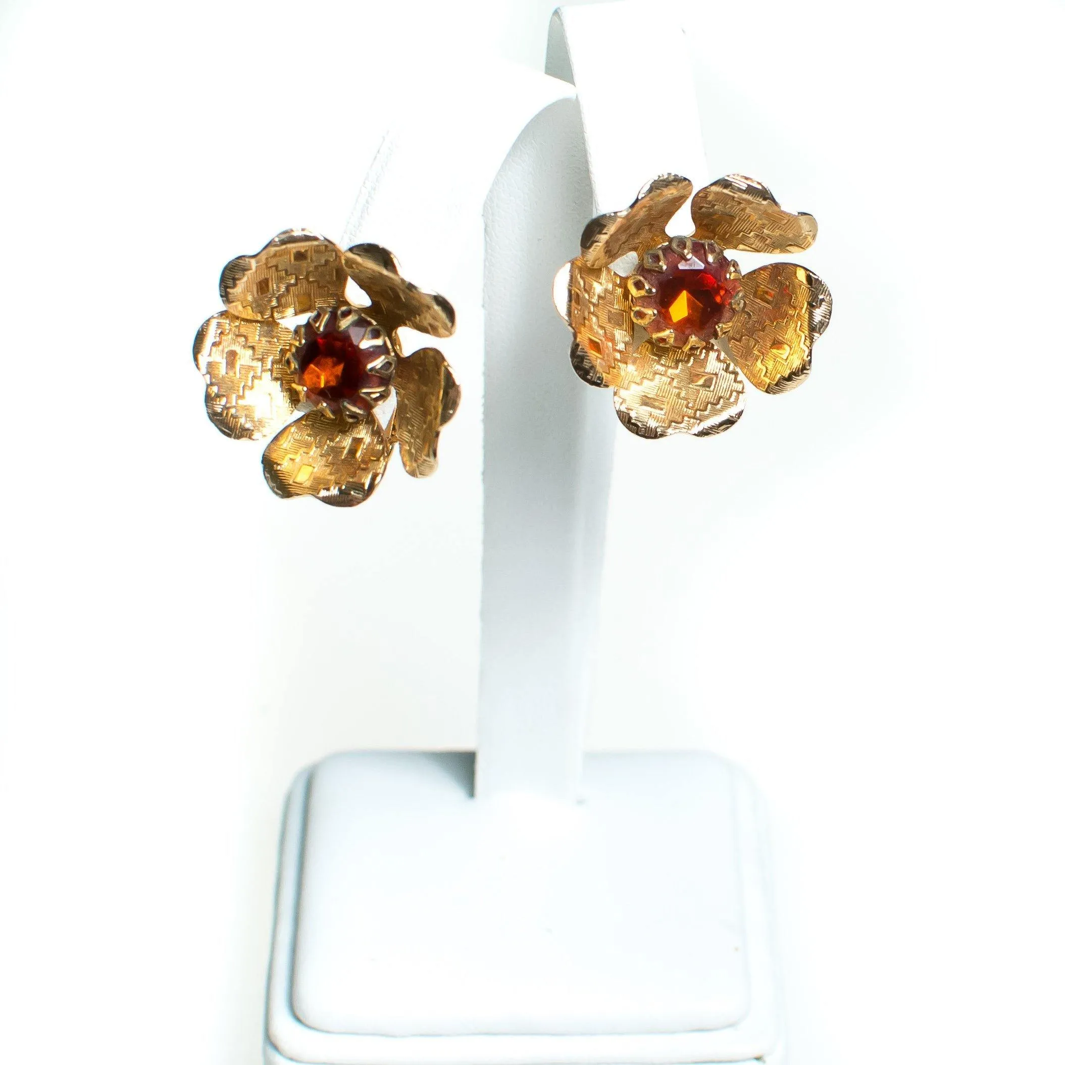 Vintage Sarah Coventry Flower Earrings, Amber Brown Rhinestone Center, Gold Tone Setting, Clip-on Earrings