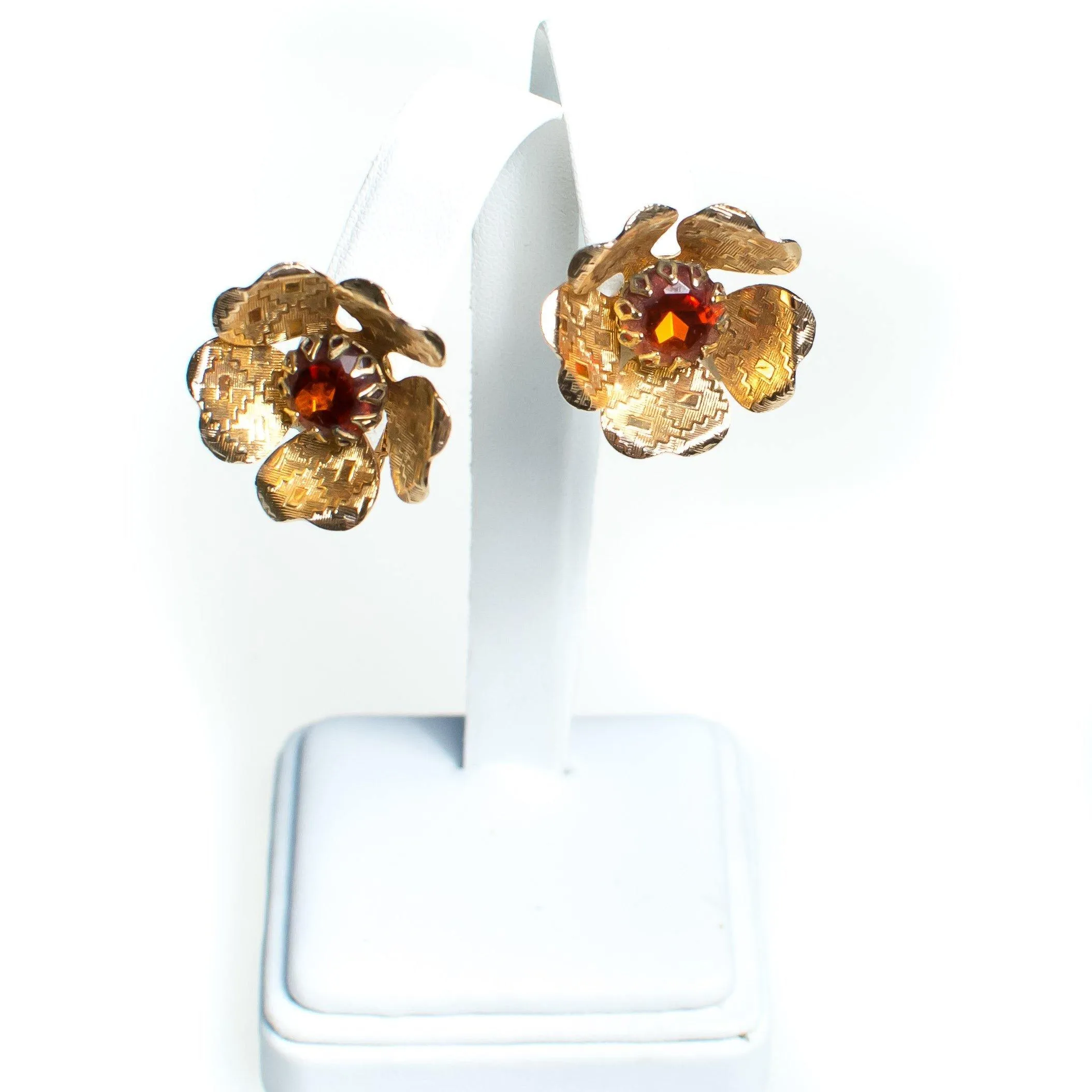 Vintage Sarah Coventry Flower Earrings, Amber Brown Rhinestone Center, Gold Tone Setting, Clip-on Earrings