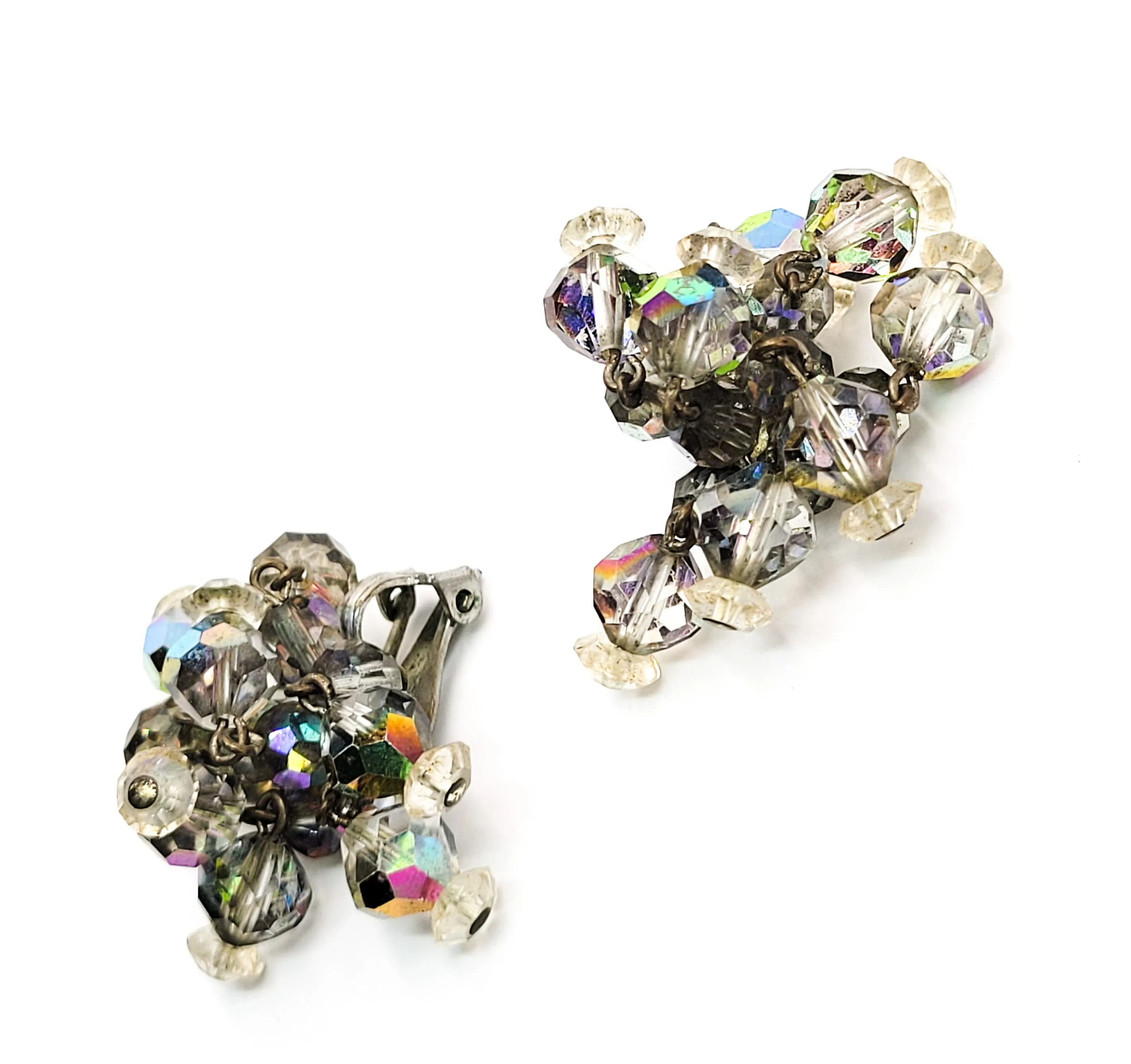 Vintage smokey aurora borealis rainbow beadded waterfall clip on earrings MCM