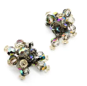 Vintage smokey aurora borealis rainbow beadded waterfall clip on earrings MCM