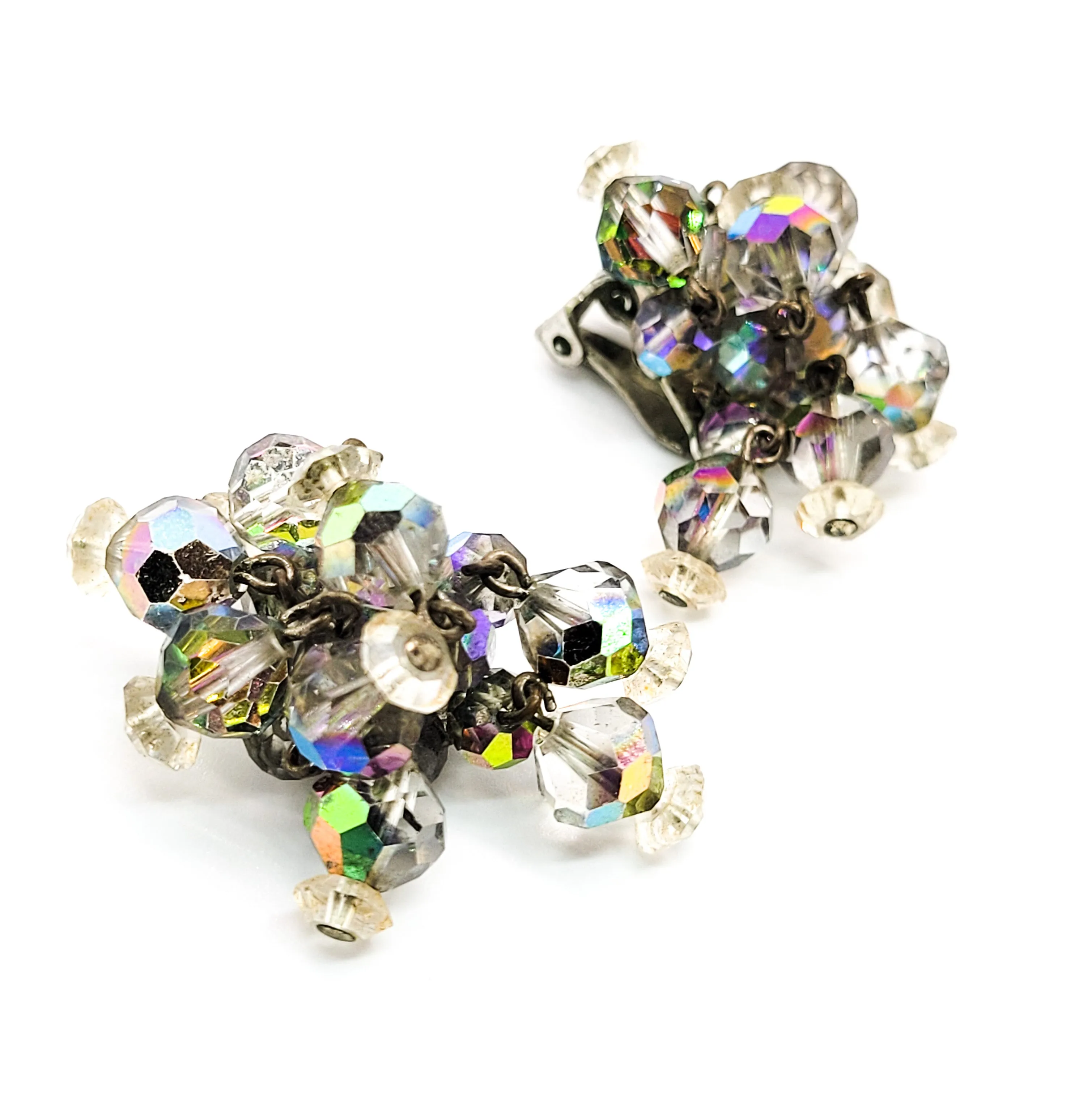 Vintage smokey aurora borealis rainbow beadded waterfall clip on earrings MCM