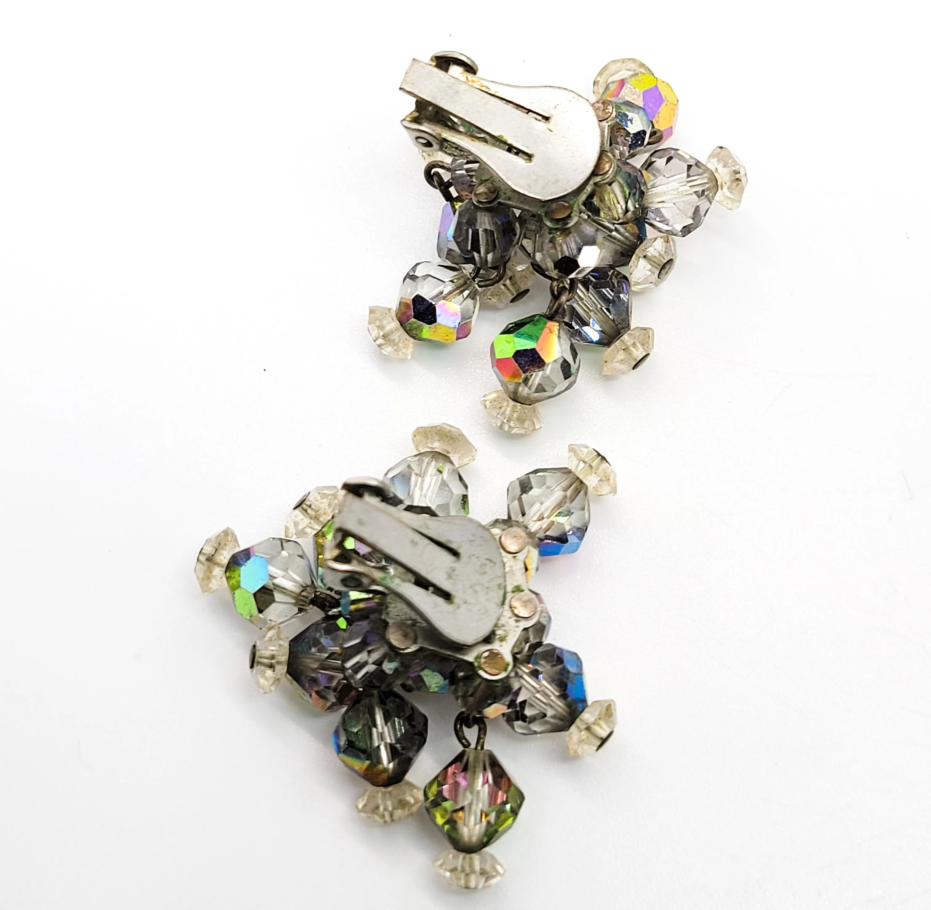 Vintage smokey aurora borealis rainbow beadded waterfall clip on earrings MCM
