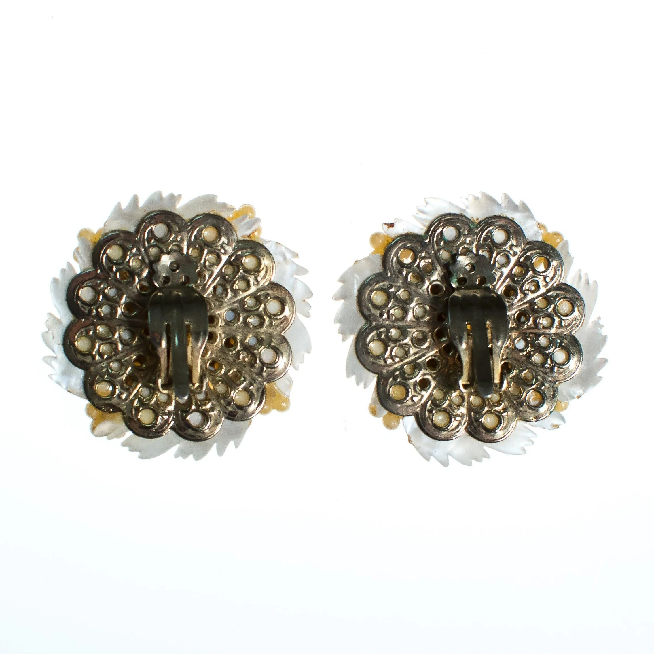 Vintage Statement Earrings, White Lucite Feathers, Faux Pearls, Aurora Borealis Rhinestones, Silver Tone Setting, Clip-on