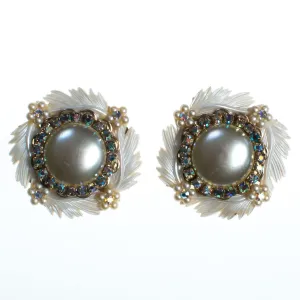 Vintage Statement Earrings, White Lucite Feathers, Faux Pearls, Aurora Borealis Rhinestones, Silver Tone Setting, Clip-on