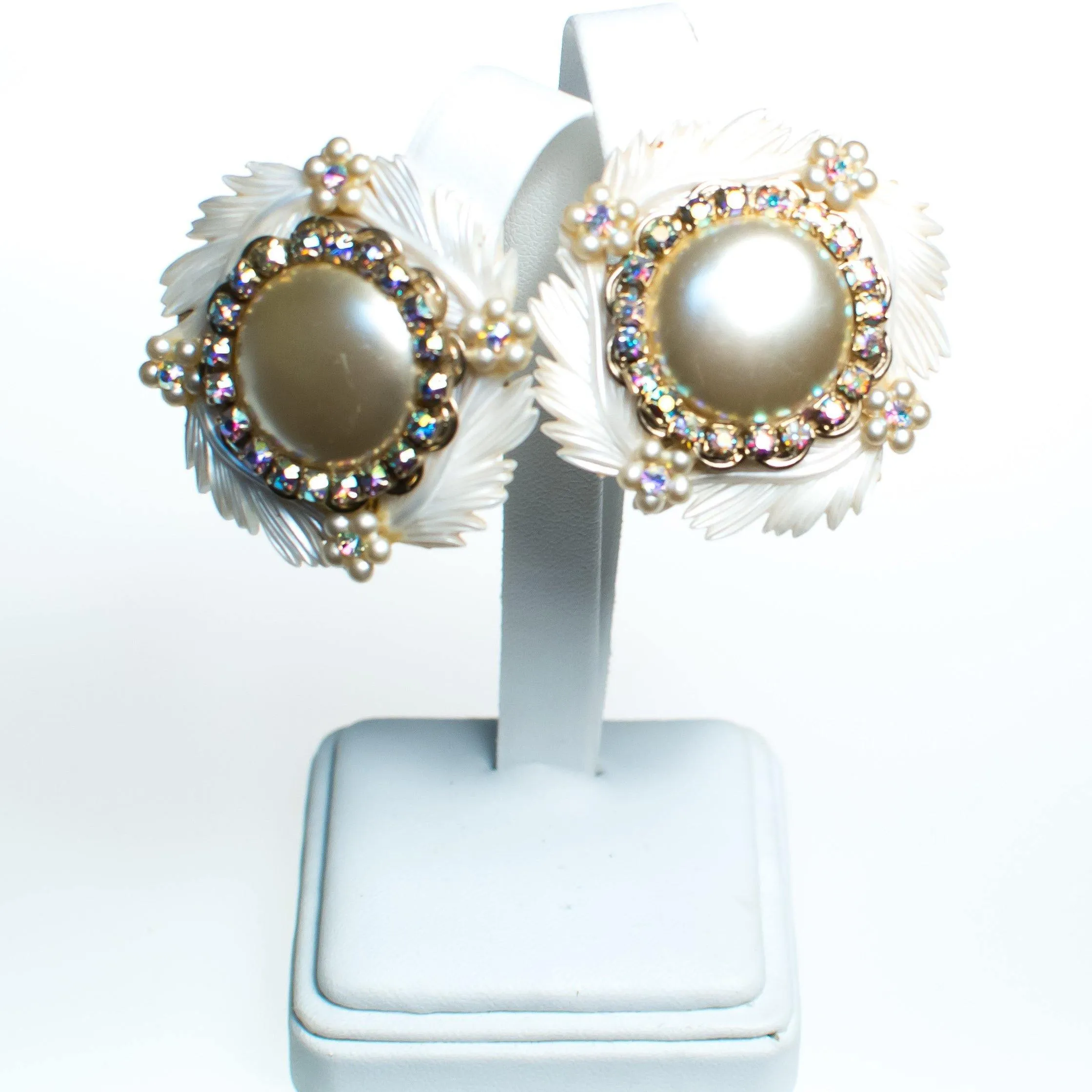 Vintage Statement Earrings, White Lucite Feathers, Faux Pearls, Aurora Borealis Rhinestones, Silver Tone Setting, Clip-on