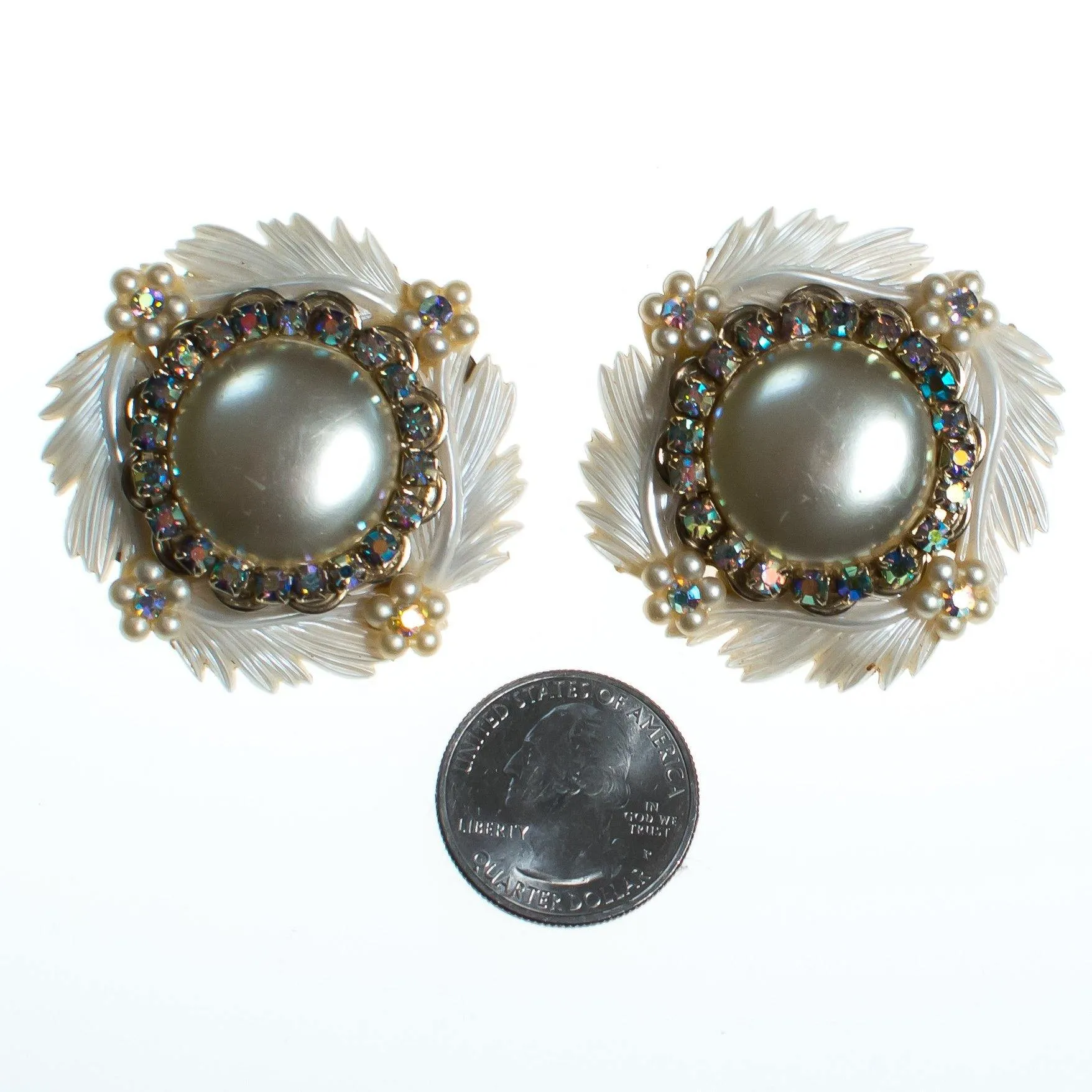 Vintage Statement Earrings, White Lucite Feathers, Faux Pearls, Aurora Borealis Rhinestones, Silver Tone Setting, Clip-on