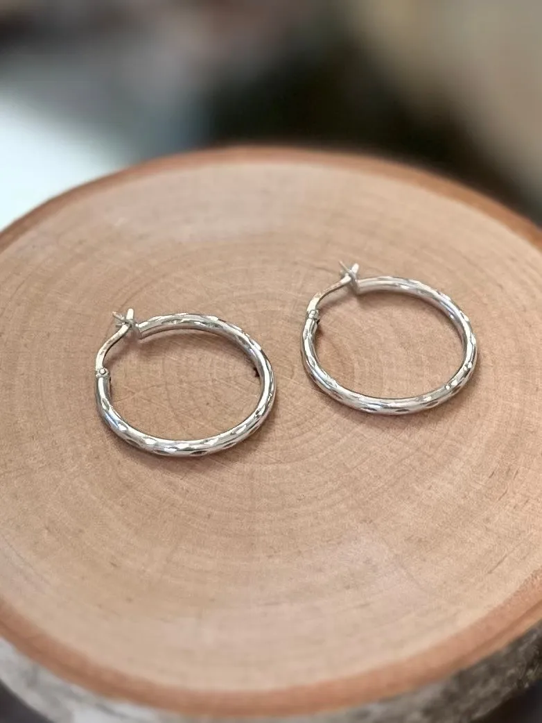 Vintage Sterling Silver 925 Thin Carved Hoop Earrings Silver Hoops