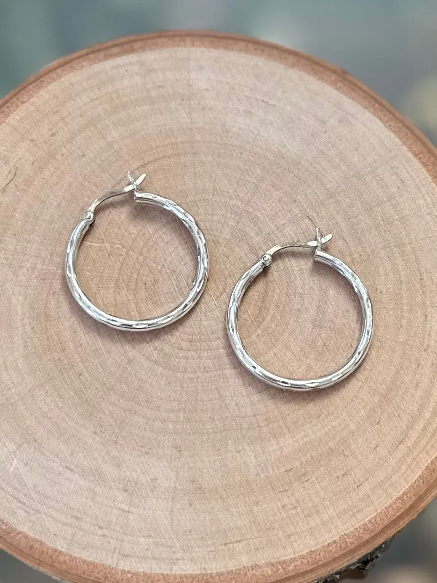 Vintage Sterling Silver 925 Thin Carved Hoop Earrings Silver Hoops