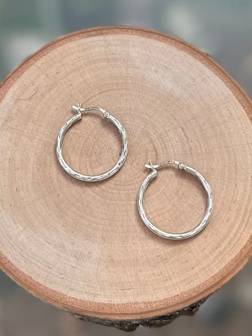 Vintage Sterling Silver 925 Thin Carved Hoop Earrings Silver Hoops