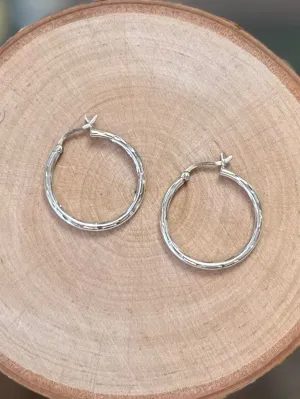 Vintage Sterling Silver 925 Thin Carved Hoop Earrings Silver Hoops