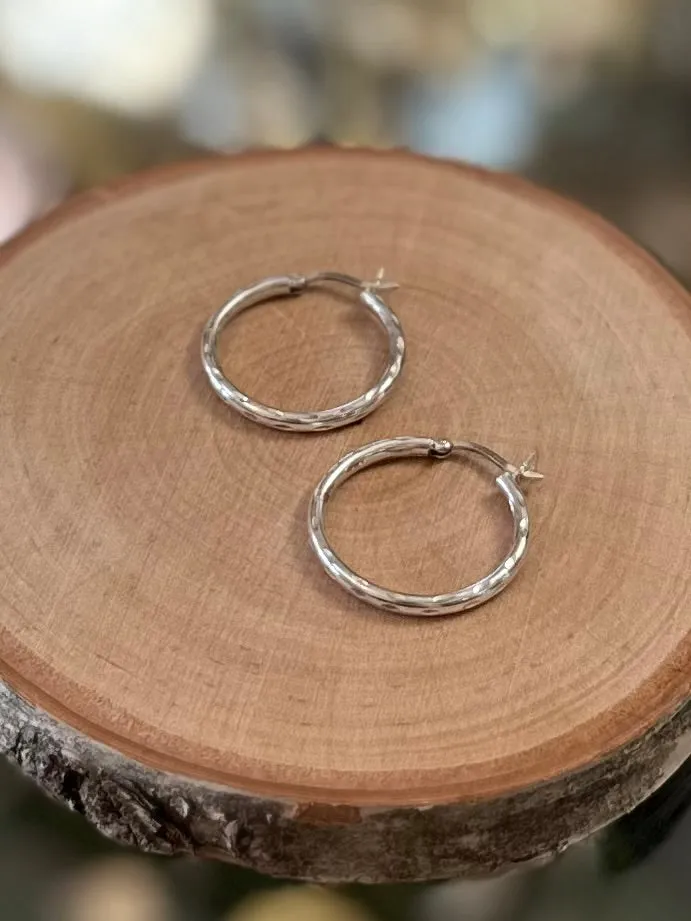 Vintage Sterling Silver 925 Thin Carved Hoop Earrings Silver Hoops