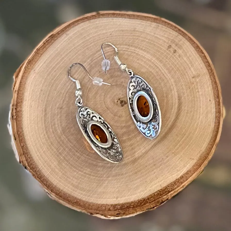 Vintage Sterling Silver & Genuine Baltic Amber Art Nouveau Style Scroll Dangle Earrings
