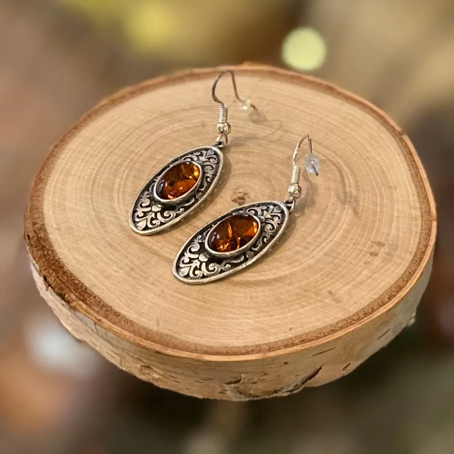 Vintage Sterling Silver & Genuine Baltic Amber Art Nouveau Style Scroll Dangle Earrings