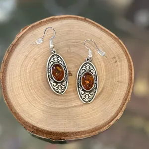 Vintage Sterling Silver & Genuine Baltic Amber Art Nouveau Style Scroll Dangle Earrings