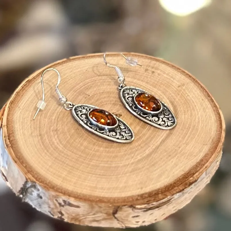 Vintage Sterling Silver & Genuine Baltic Amber Art Nouveau Style Scroll Dangle Earrings