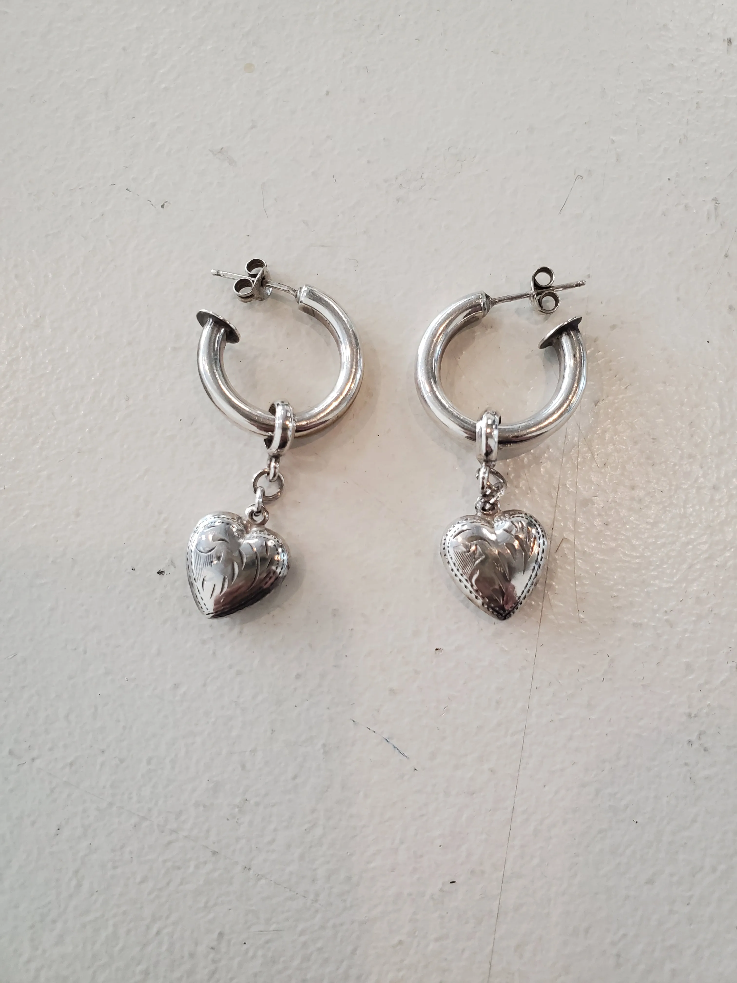 Vintage Sterling Silver Hoop and Heart Earrings