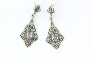 Vintage Sterling Silver Marcasite & Lilac Purple Amethyst Dangle Earrings