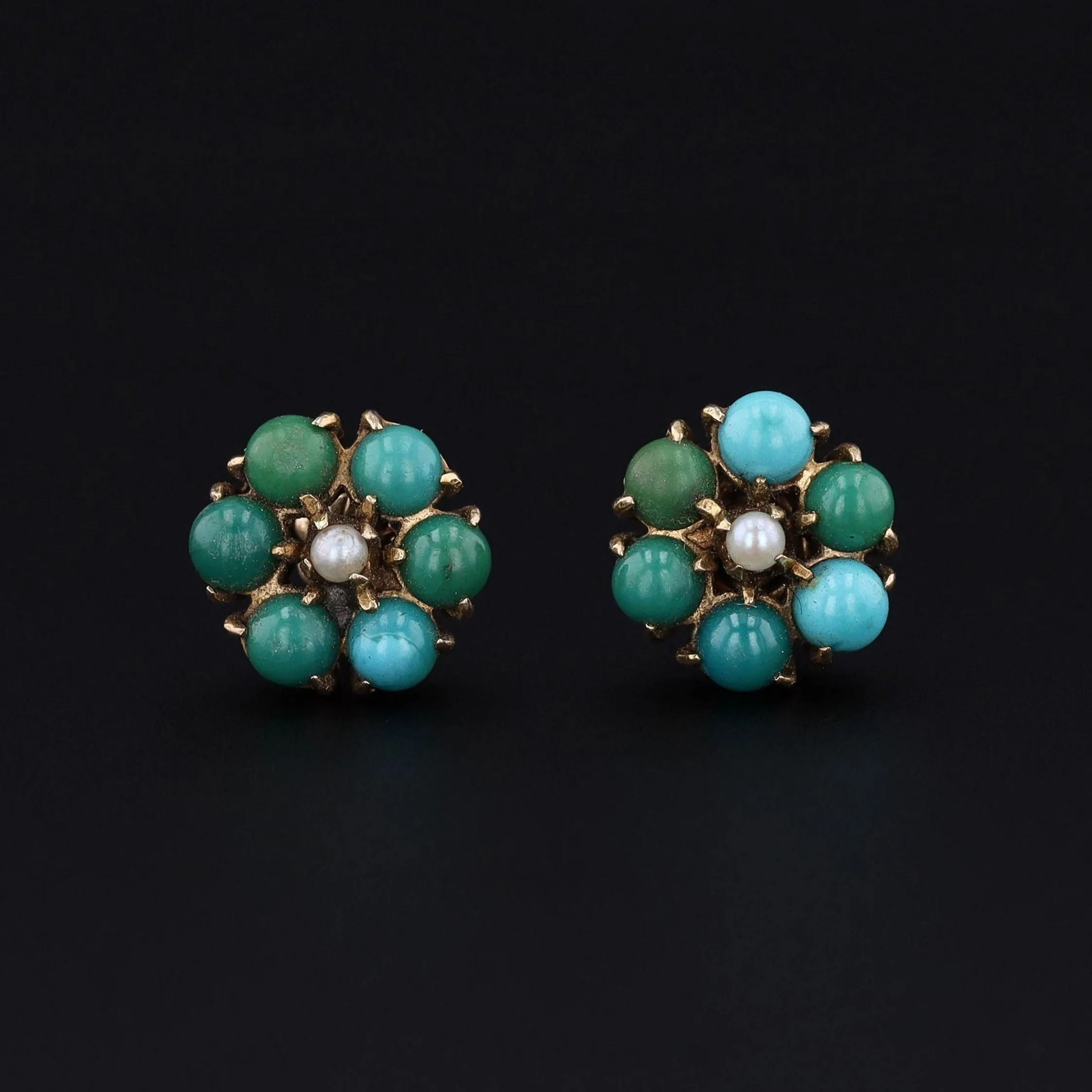 Vintage Turquoise and Pearl Flower Earrings of 10k Gold