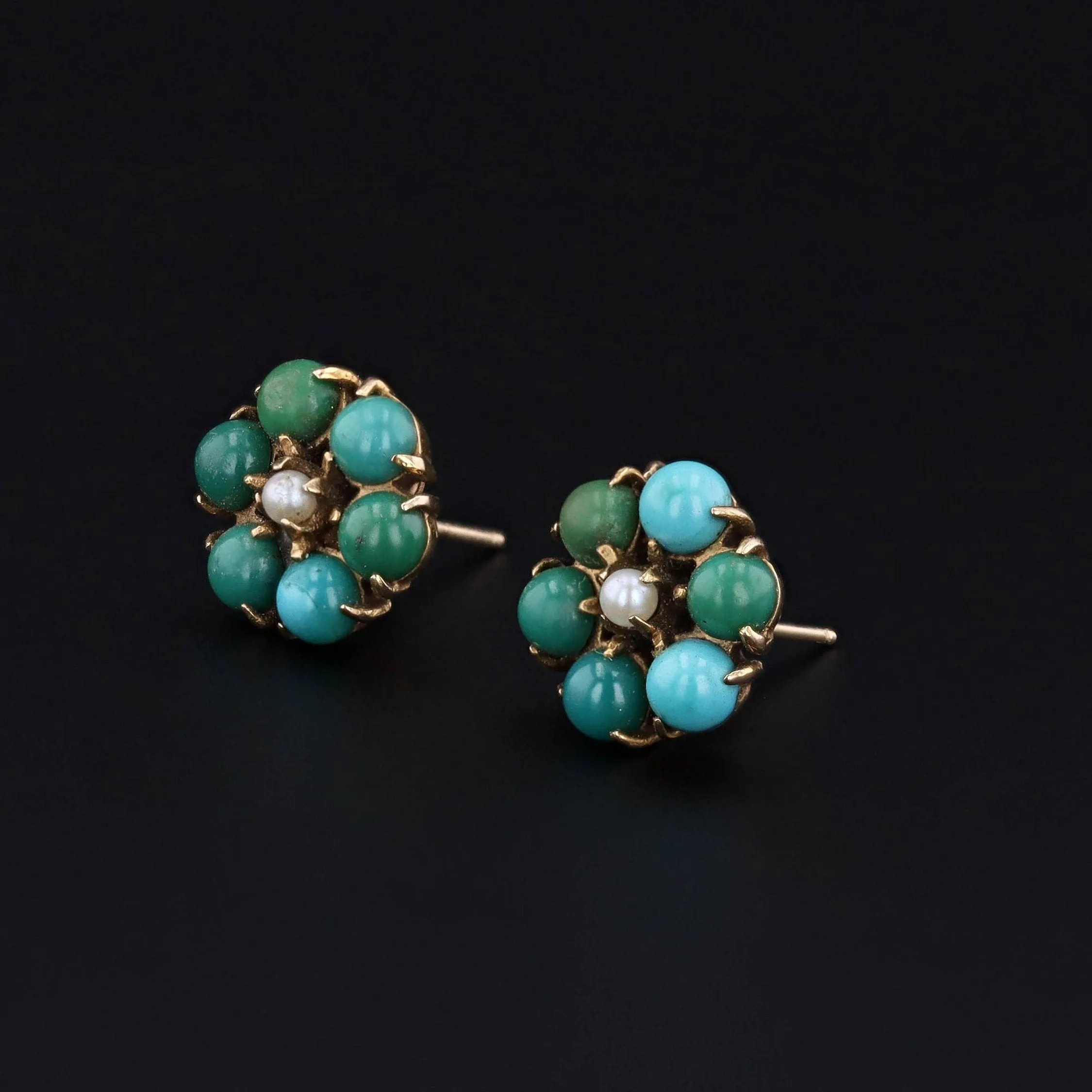 Vintage Turquoise and Pearl Flower Earrings of 10k Gold