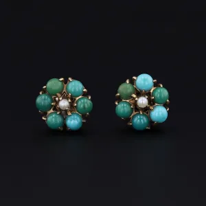 Vintage Turquoise and Pearl Flower Earrings of 10k Gold