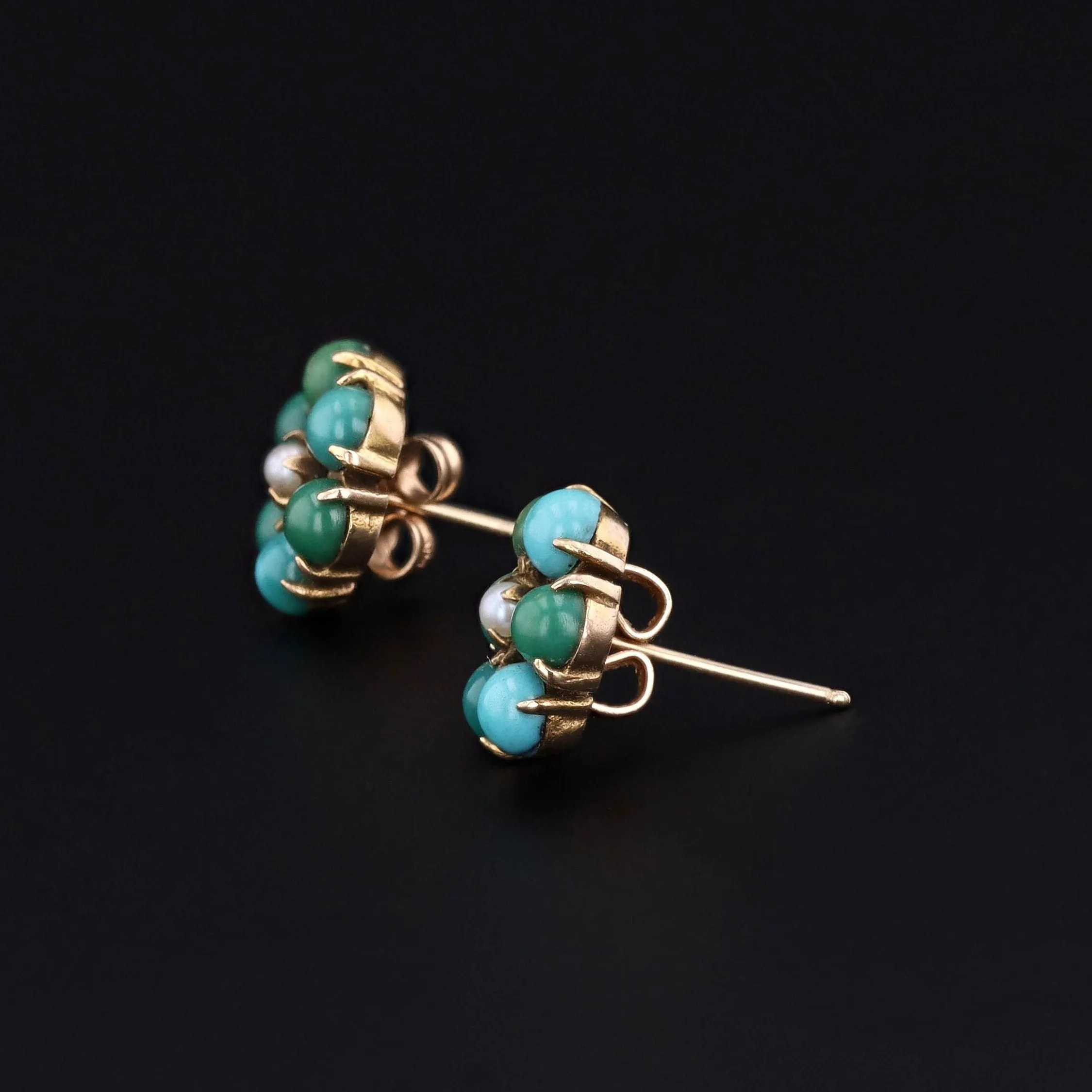 Vintage Turquoise and Pearl Flower Earrings of 10k Gold