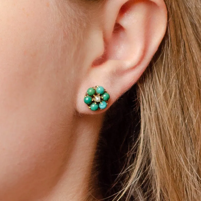 Vintage Turquoise and Pearl Flower Earrings of 10k Gold