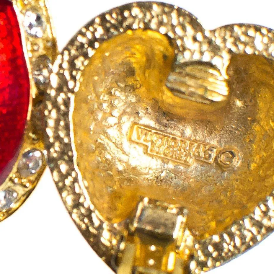 Vintage Victoria&#39;s Secret Red Puffy Heart and Rhinestone Clip Statement Earrings