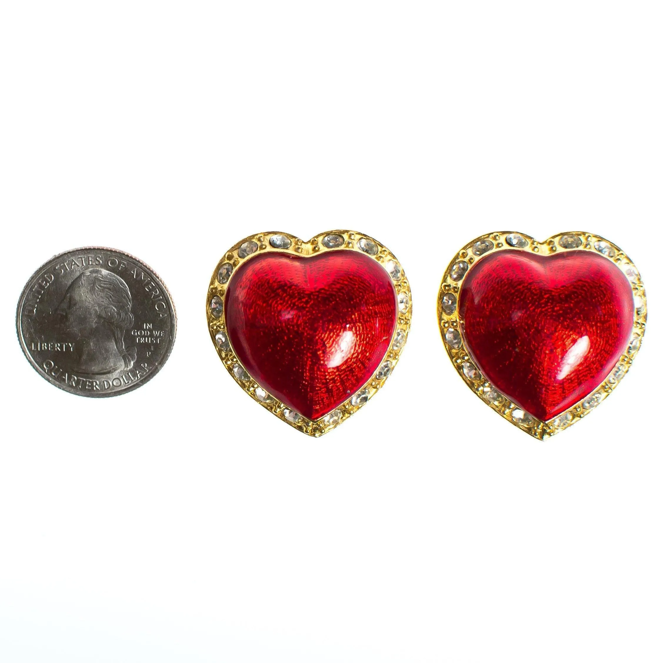 Vintage Victoria&#39;s Secret Red Puffy Heart and Rhinestone Clip Statement Earrings