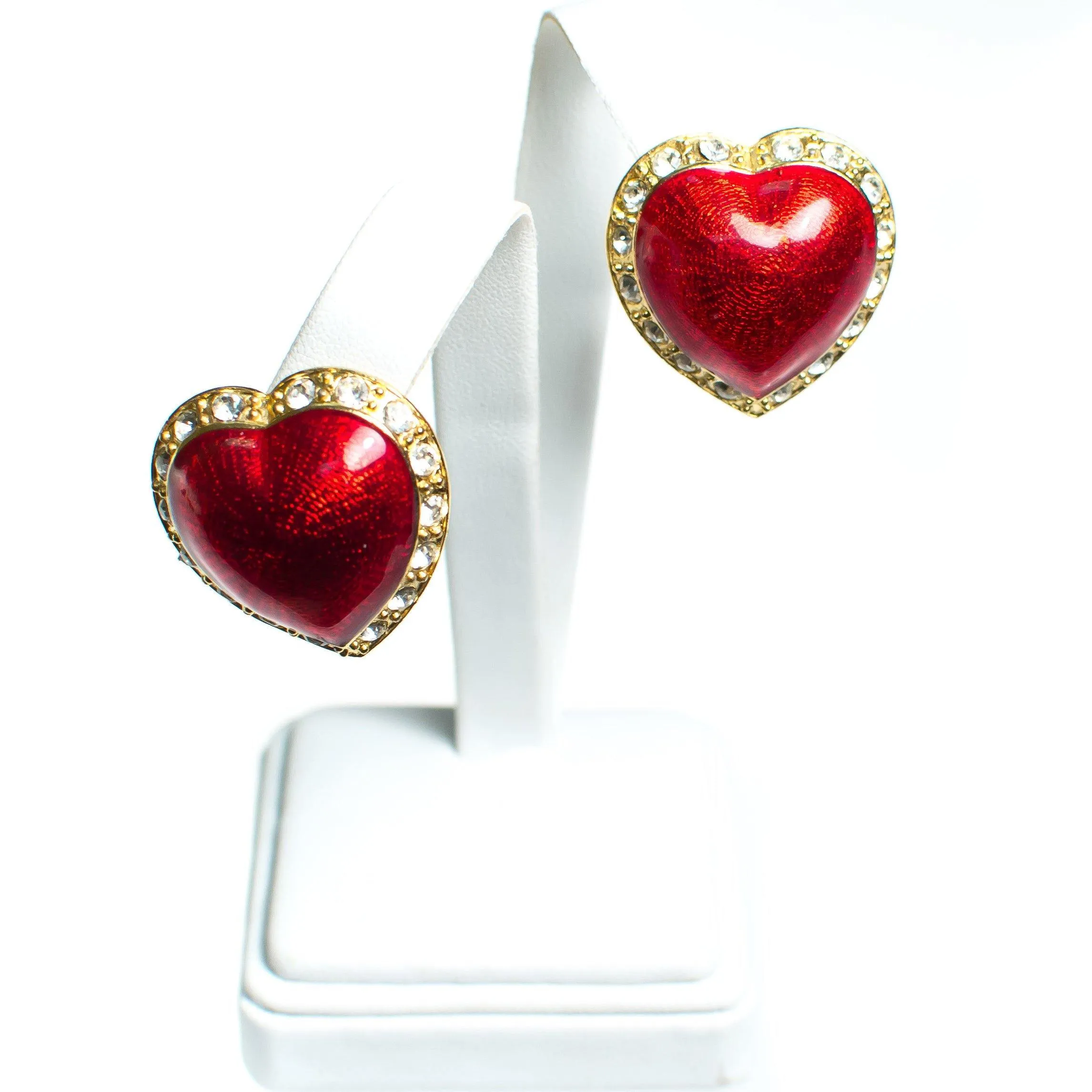 Vintage Victoria&#39;s Secret Red Puffy Heart and Rhinestone Clip Statement Earrings