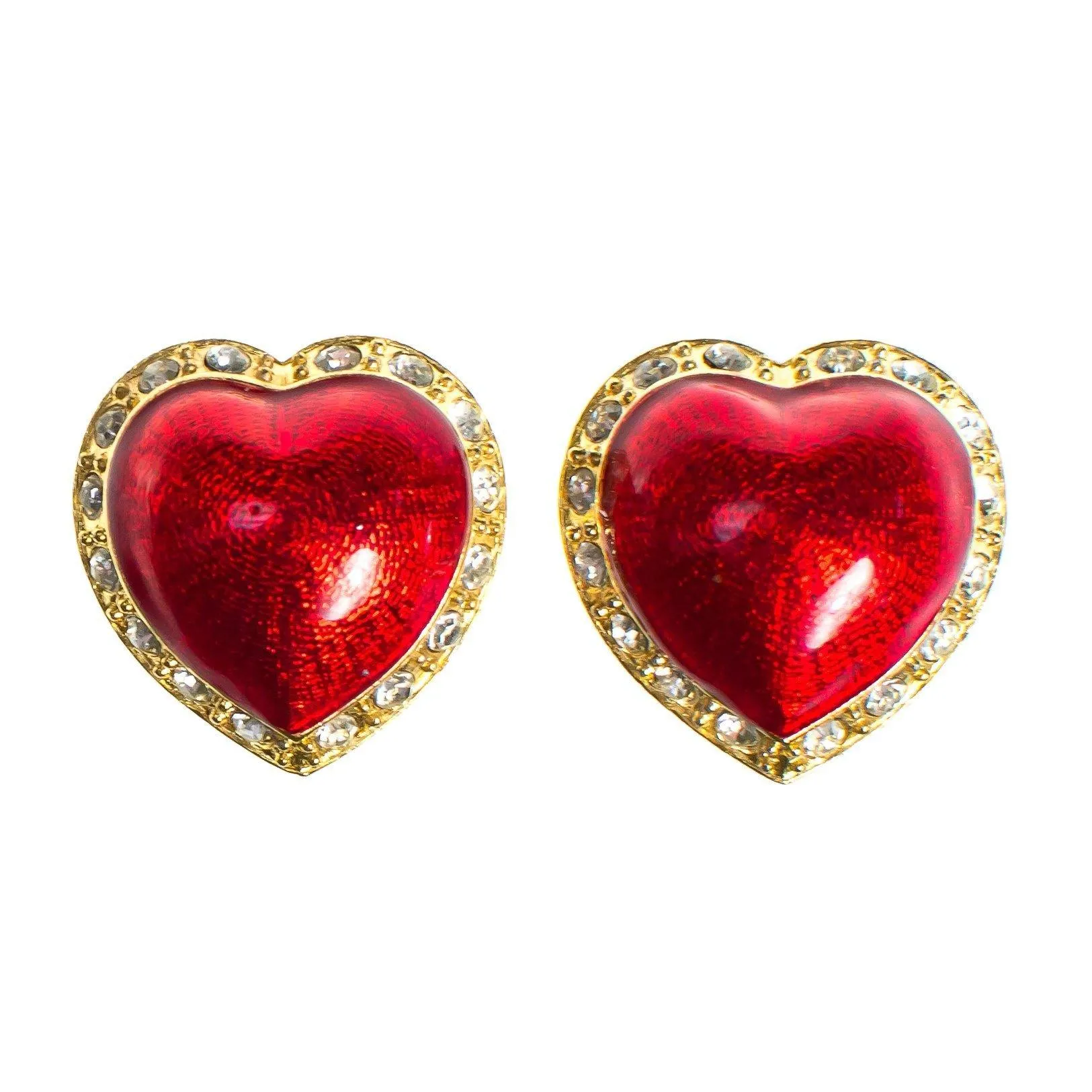 Vintage Victoria&#39;s Secret Red Puffy Heart and Rhinestone Clip Statement Earrings