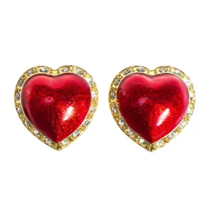 Vintage Victoria&#39;s Secret Red Puffy Heart and Rhinestone Clip Statement Earrings