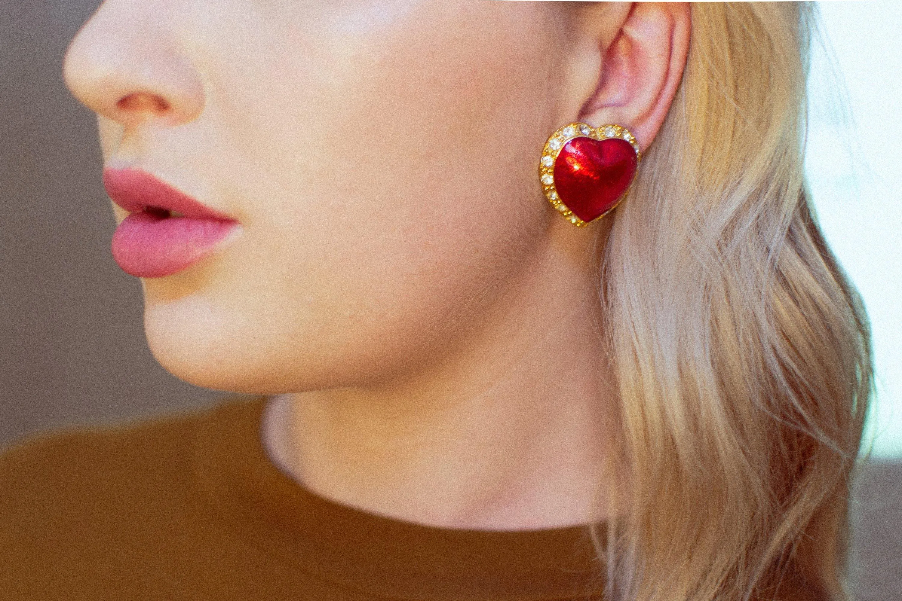 Vintage Victoria&#39;s Secret Red Puffy Heart and Rhinestone Clip Statement Earrings