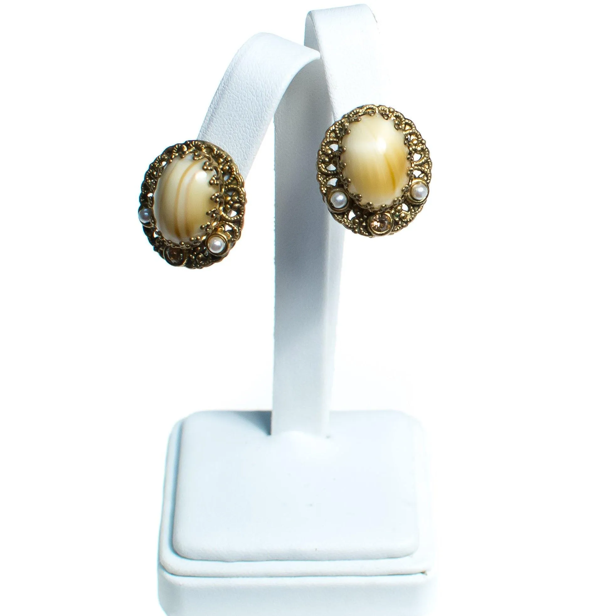 Vintage West Germany Earrings, Cream and Brown Striped Gemstone, Gold Rhinestone, Faux Pearls, Clip-on