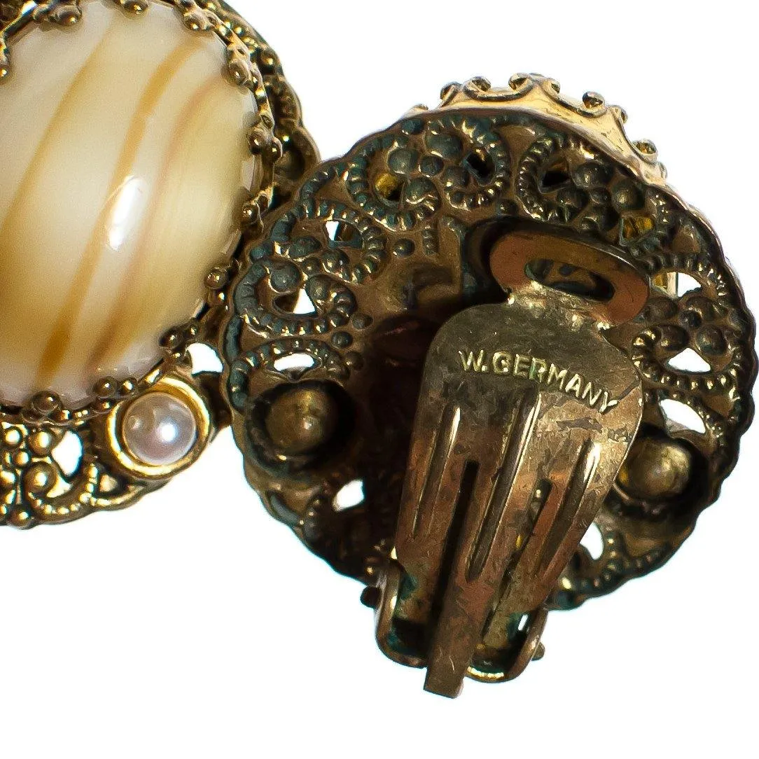 Vintage West Germany Earrings, Cream and Brown Striped Gemstone, Gold Rhinestone, Faux Pearls, Clip-on