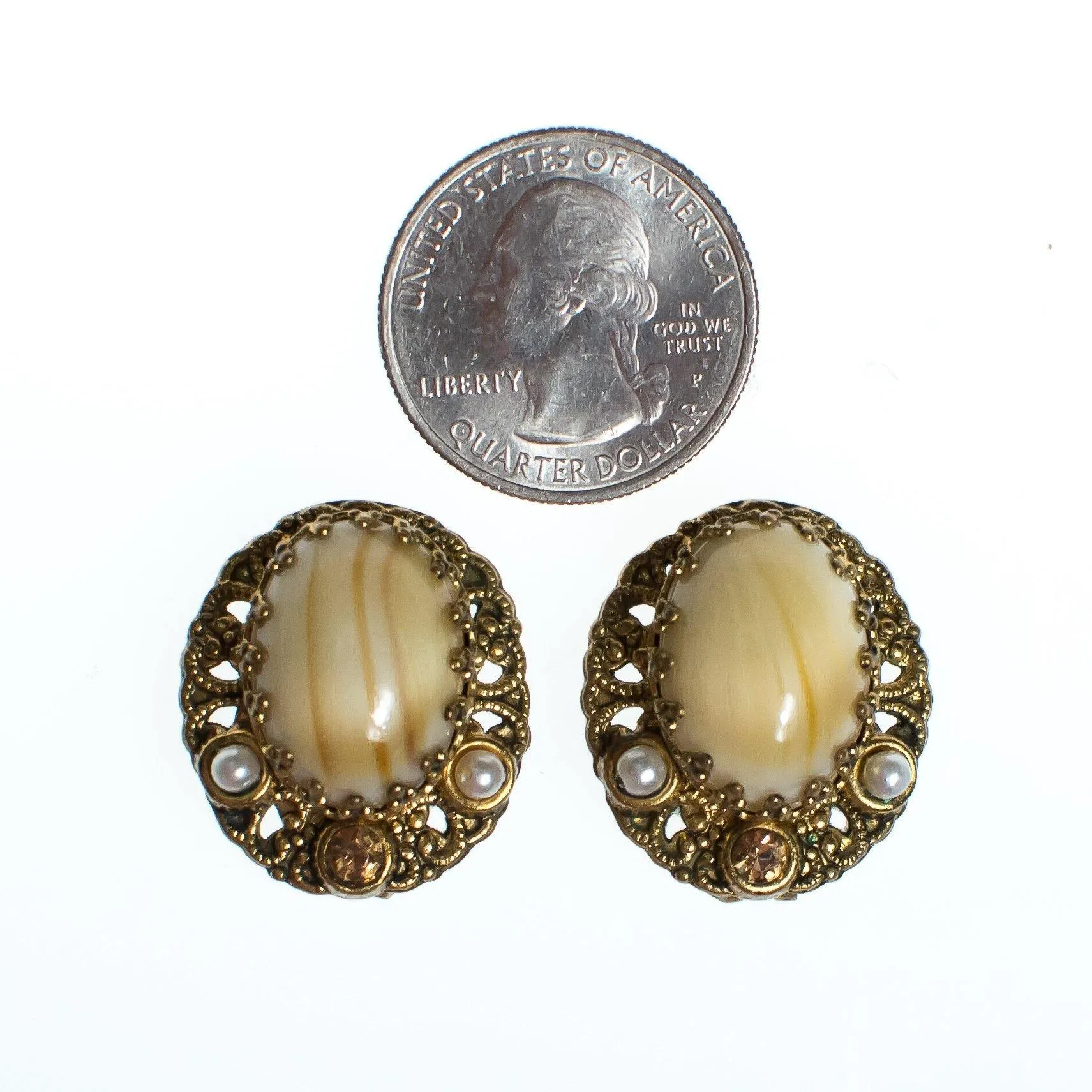Vintage West Germany Earrings, Cream and Brown Striped Gemstone, Gold Rhinestone, Faux Pearls, Clip-on