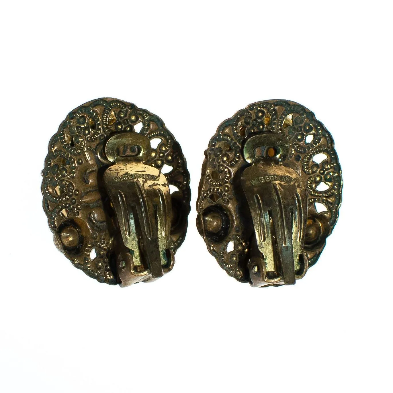 Vintage West Germany Earrings, Cream and Brown Striped Gemstone, Gold Rhinestone, Faux Pearls, Clip-on