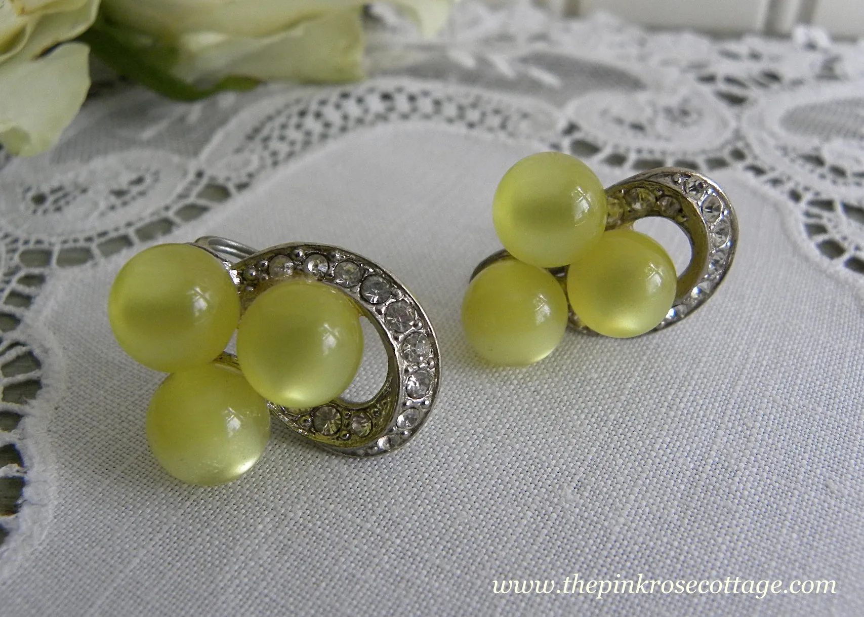 Vintage Yellow Moonglow and Rhinestone Earrings