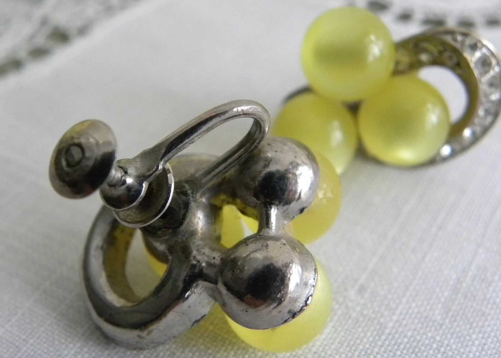Vintage Yellow Moonglow and Rhinestone Earrings