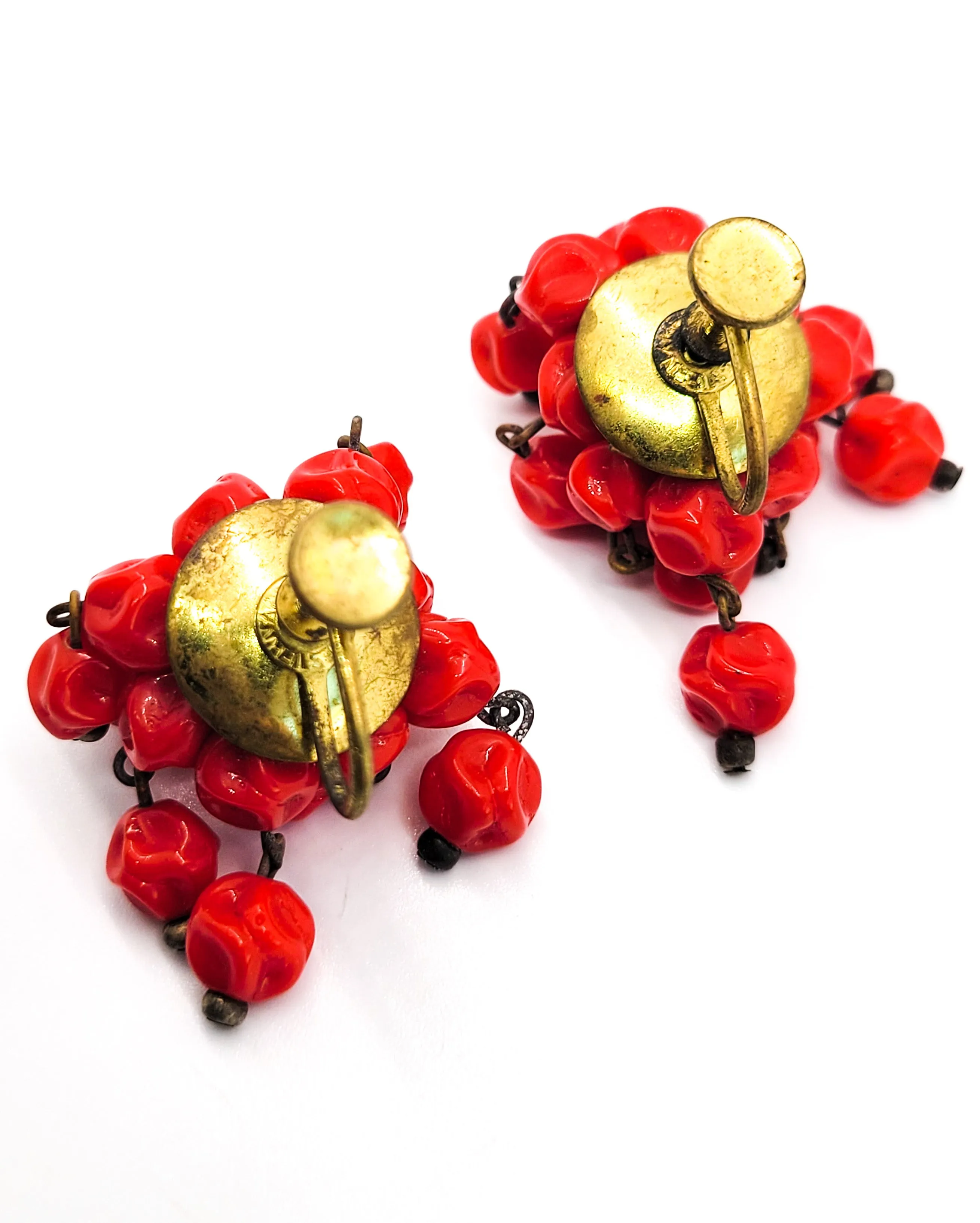 West Germany Red Molded glass beaded vintage stamped screw back earrings