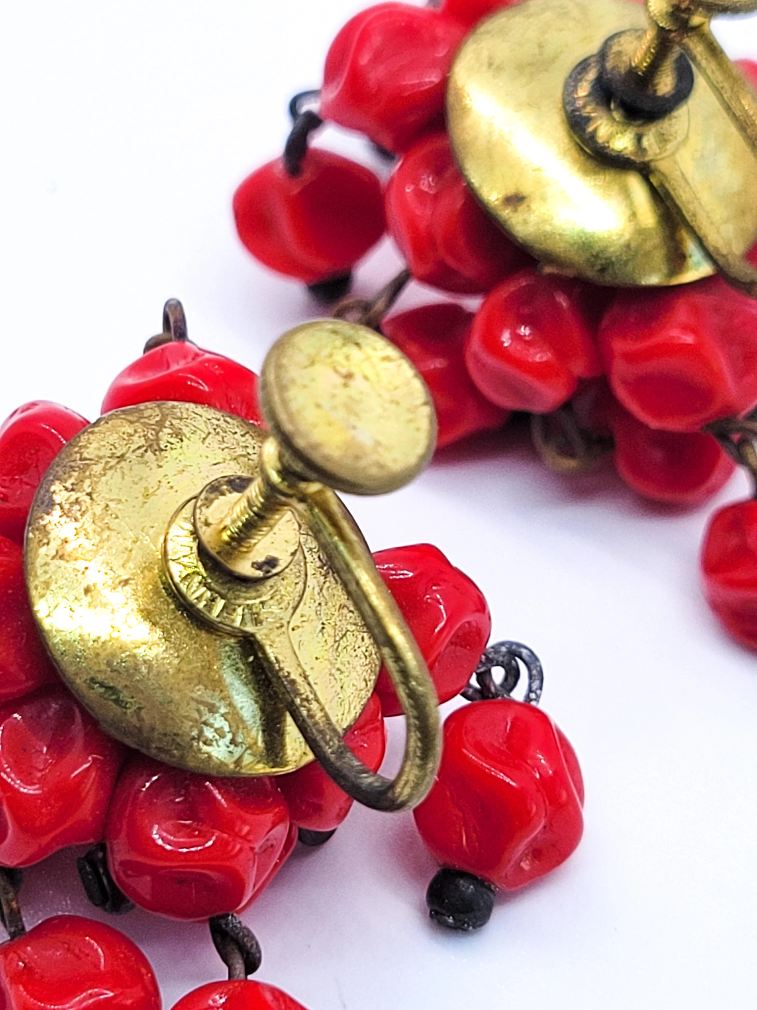 West Germany Red Molded glass beaded vintage stamped screw back earrings