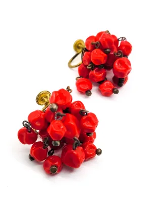West Germany Red Molded glass beaded vintage stamped screw back earrings