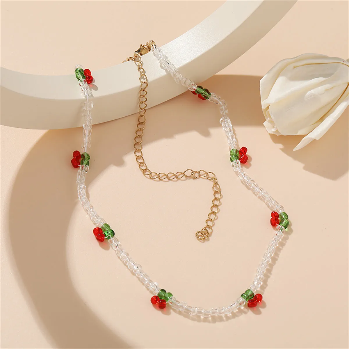 White & Red Beaded Cherry Station Necklace